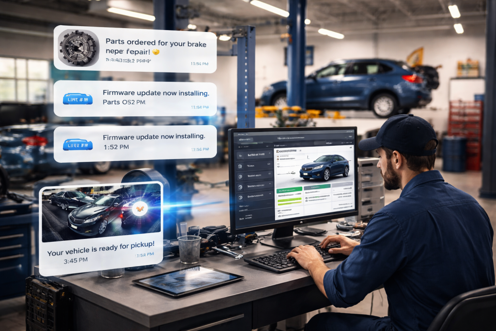 AI-assisted repair shop in action showing mechanic using smart diagnostic tools and AI-powered workflow in a modern garage.