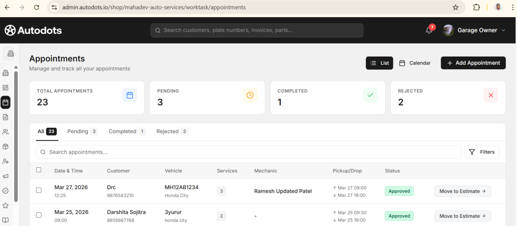 Auto repair scheduling dashboard