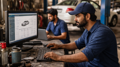 Indian auto repair garage with two mechanics. One mechanic in a navy uniform and cap is using a desktop computer with car repair software, while another mechanic in the background works on a laptop. Tools and a car are visible in the workshop, with natural lighting and a candid, realistic DSLR-style photo.