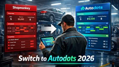 Futuristic auto repair shop scene with a mechanic using a tablet showing a software dashboard; split comparison UI features dull red “Shopmonkey” on one side and bright blue/green “Autodots” on the other, connected by a switching arrow, with bold text “Switch to Autodots 2026,” high-contrast lighting and modern cinematic SaaS design in 16:9 format.