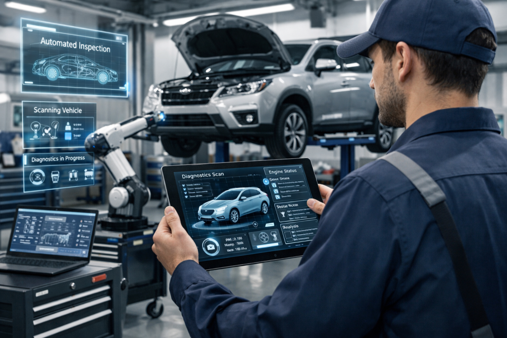 AI in auto repair shops with mechanic using a workstation, digital interface showing automated customer updates and repair progress. Modern, professional, realistic garage setting.