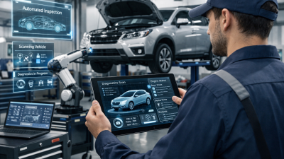 AI in auto repair shops with mechanic using a workstation, digital interface showing automated customer updates and repair progress. Modern, professional, realistic garage setting.
