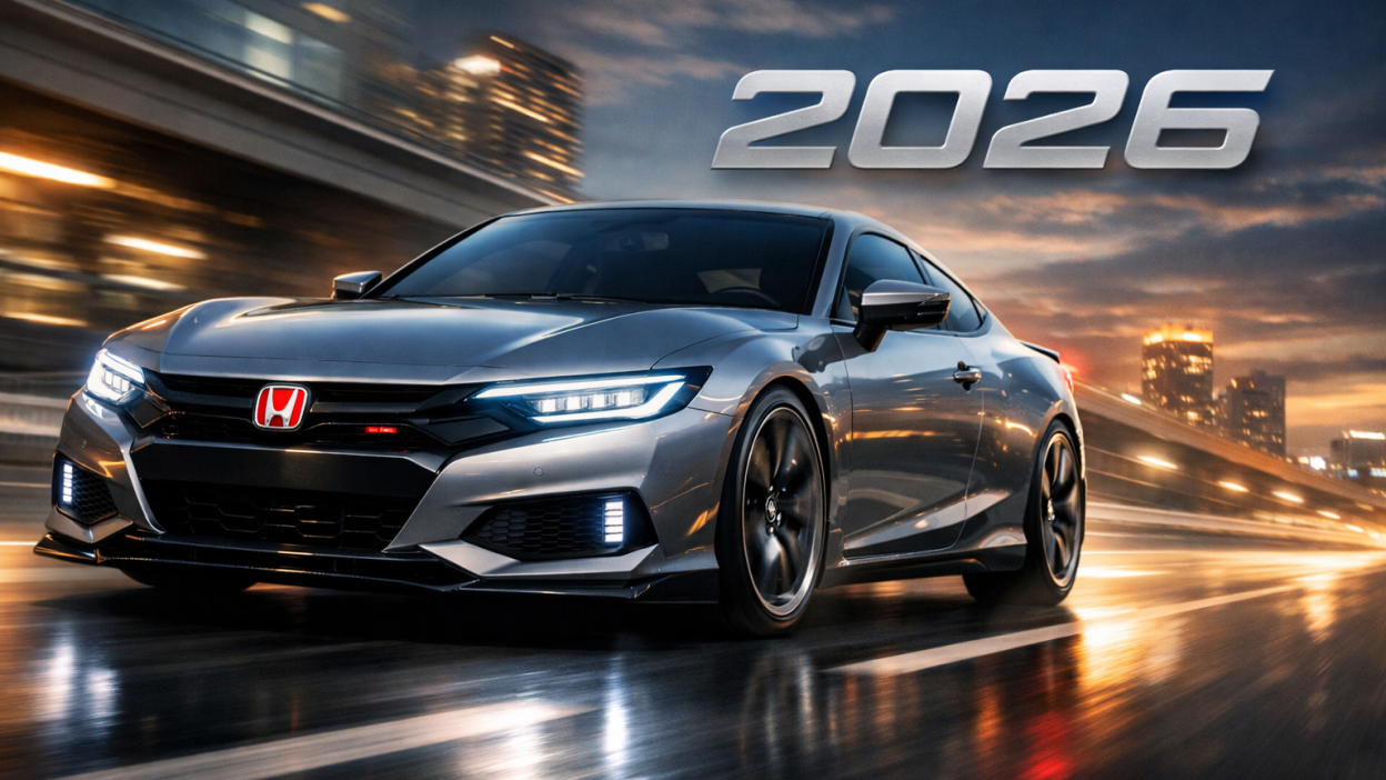 Honda Prelude 2026 hybrid coupe front 3/4 view with 200HP, Type R chassis, S+ Shift technology and sporty design in urban background