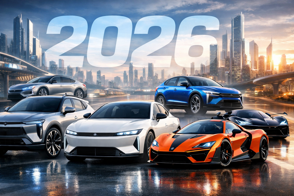 Upcoming global car launches 2026 including electric SUVs, luxury sedans, and sporty performance cars
