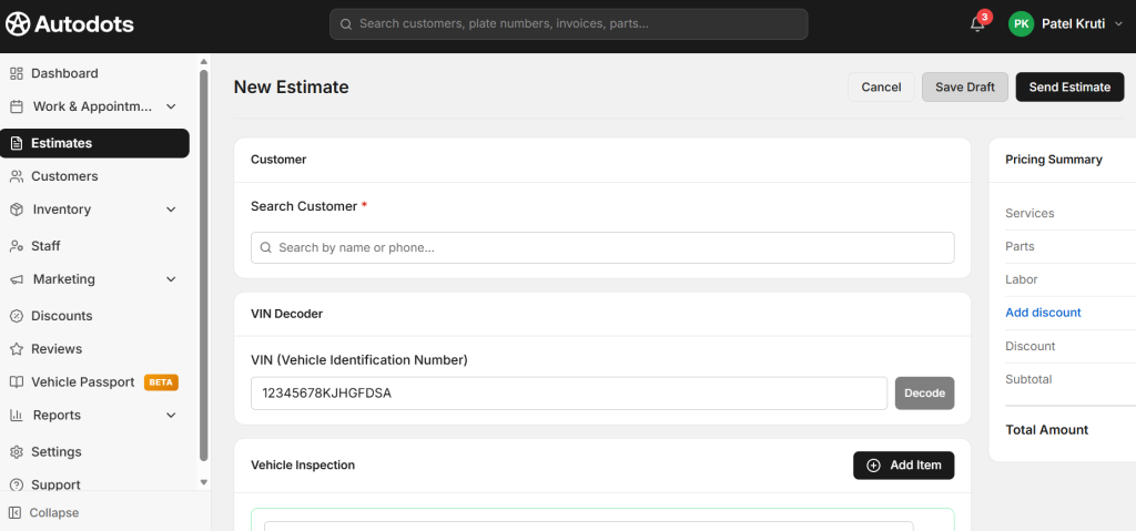 Add required details to send estimate to customer 
