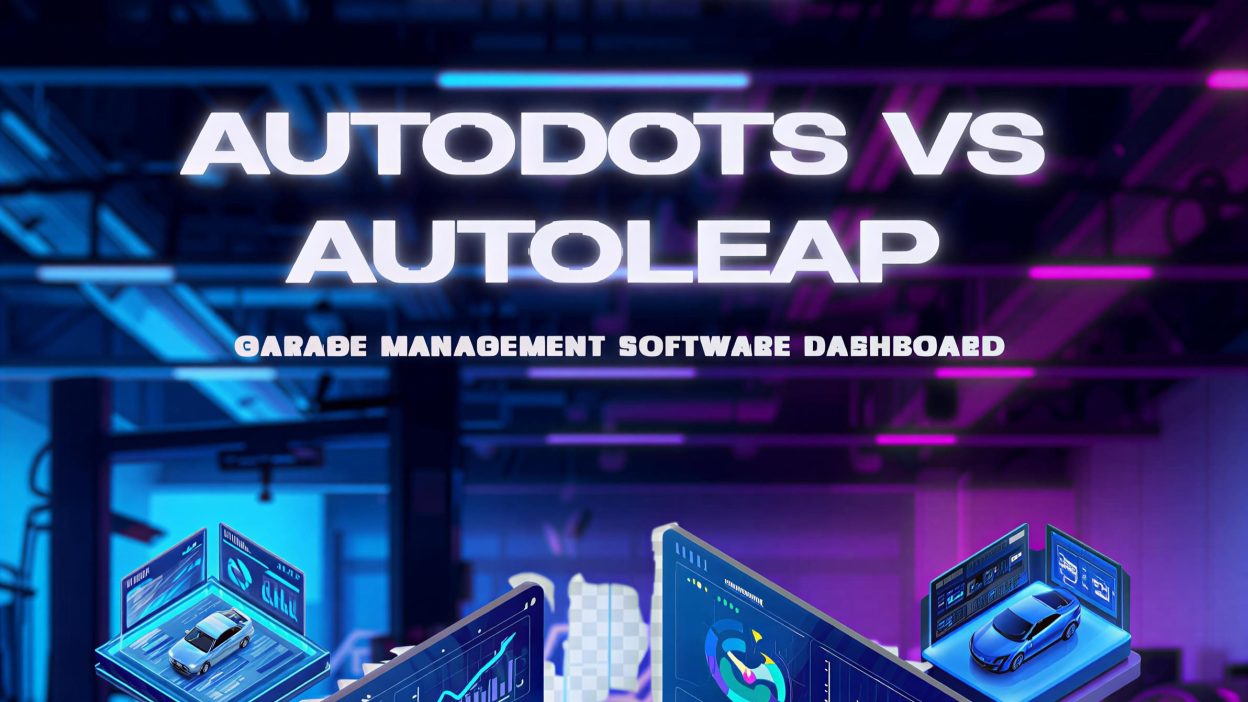 Two garage management software dashboards side by side comparison, AutoDots vs AutoLeap, modern auto repair shop background, clean professional design, blue and green color theme, 2026 style, high quality digital illustration