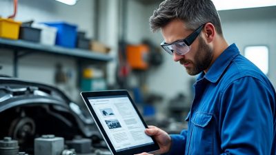 Car repair workshop digital tools — mechanic using tablet to manage jobs in a modern garage