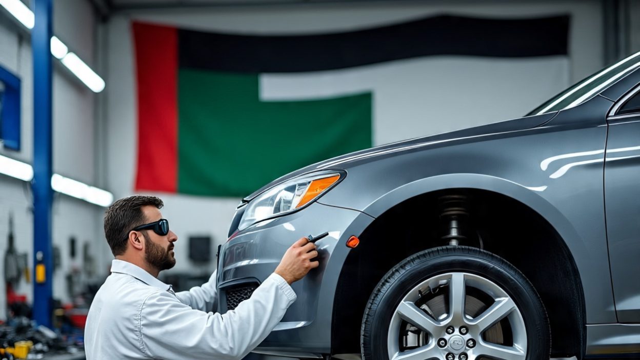 Car repair workshop Dubai — mechanic working on a car in a modern professional garage in Dubai
