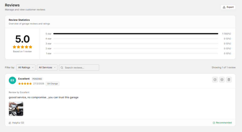 Here you can see all reviews of your garage.