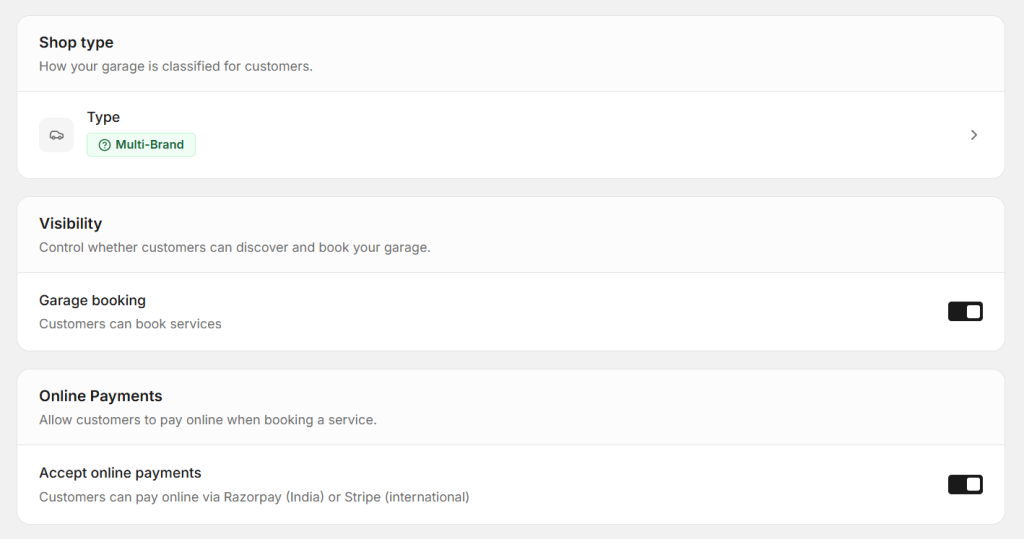 select and mange garage types.