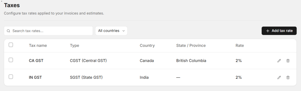 Here you manage all taxes.