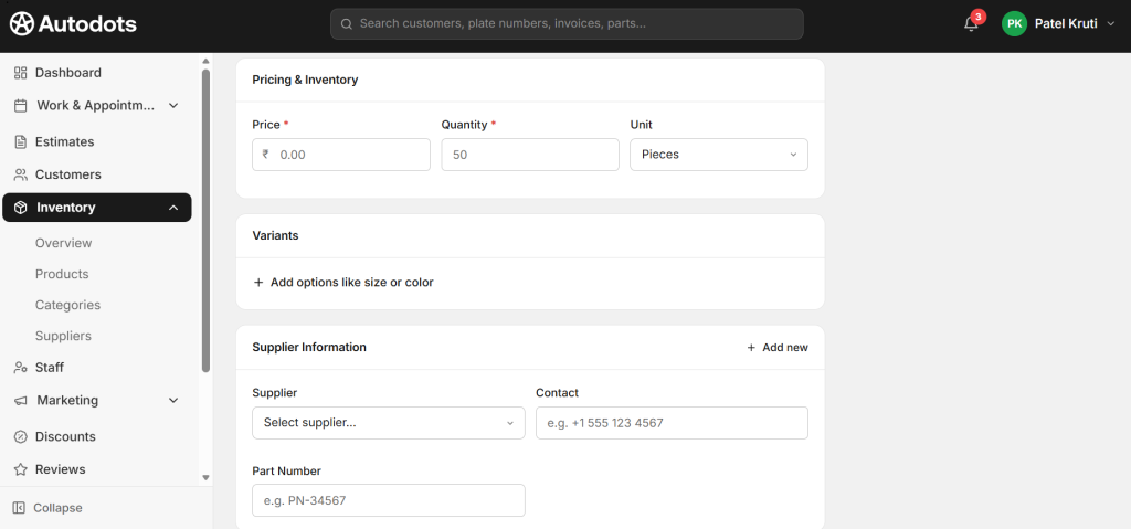Add product pricing and inventry details than sumit this all details.