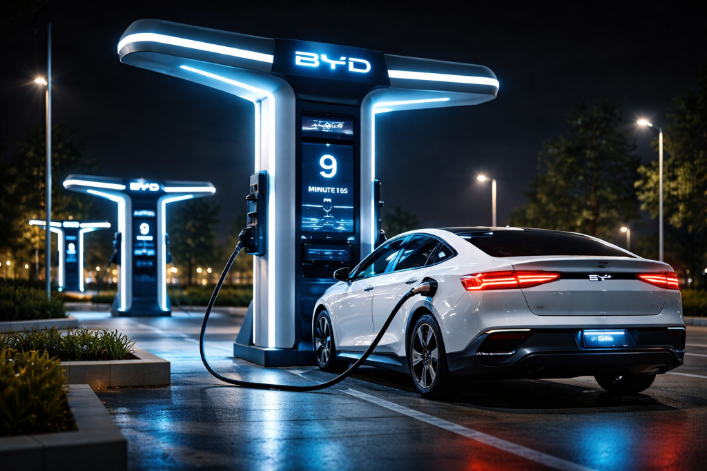 BYD Flash Charging 2026 station with electric vehicle charging in 9 minutes