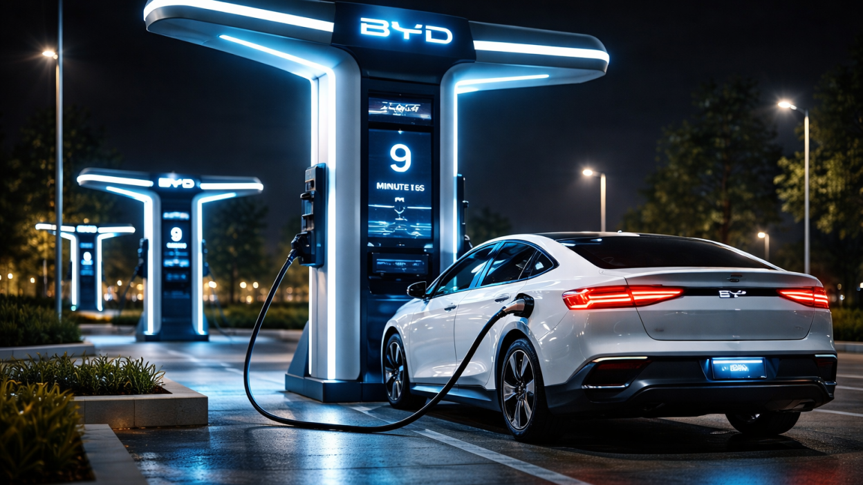 BYD Flash Charging 2026 station with electric vehicle charging in 9 minutes