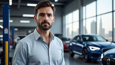 Car repair workshop Dubai — business investor standing in a modern professional garage in Dubai