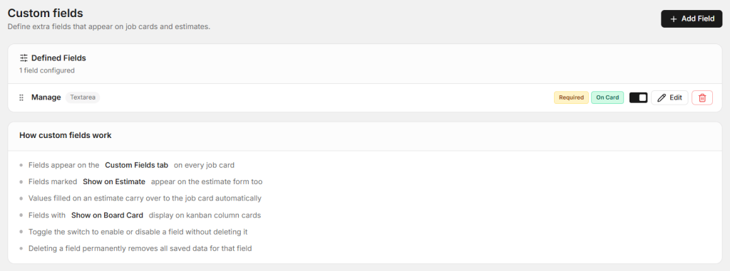 Here you manage fields.