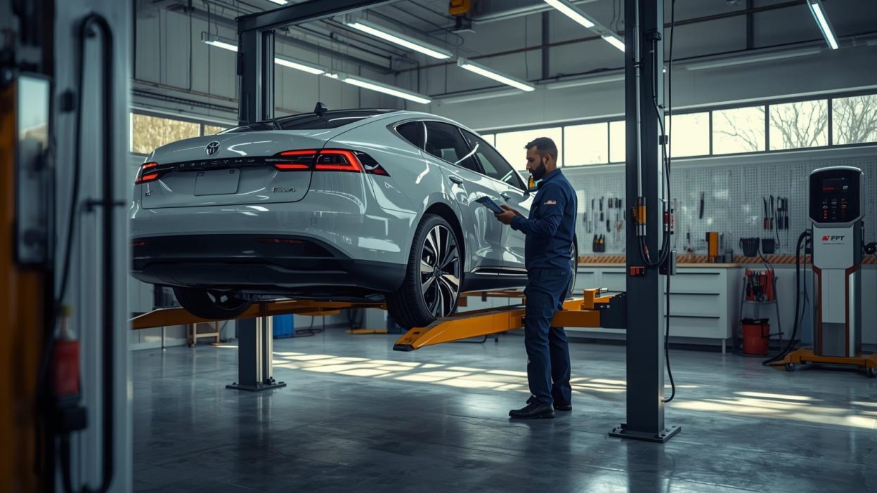 A mechanic inspecting an electric vehicle on a service ramp using a digital tablet inside a modern auto repair garage in 2026