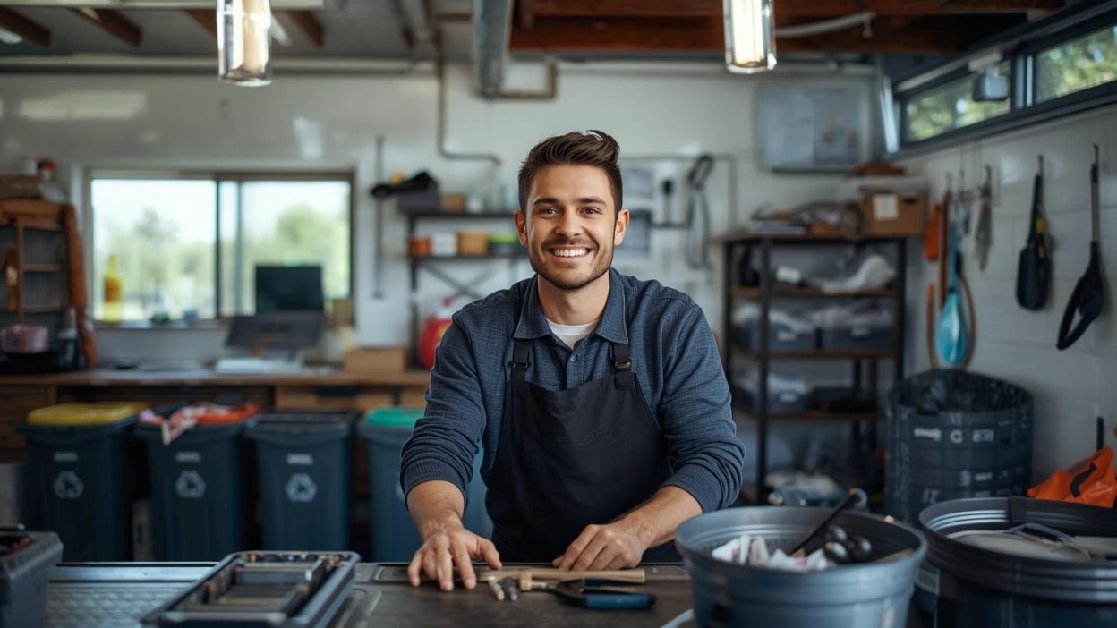 Eco friendly garage tips Canada — mechanic working in a clean green auto repair workshop in Canada