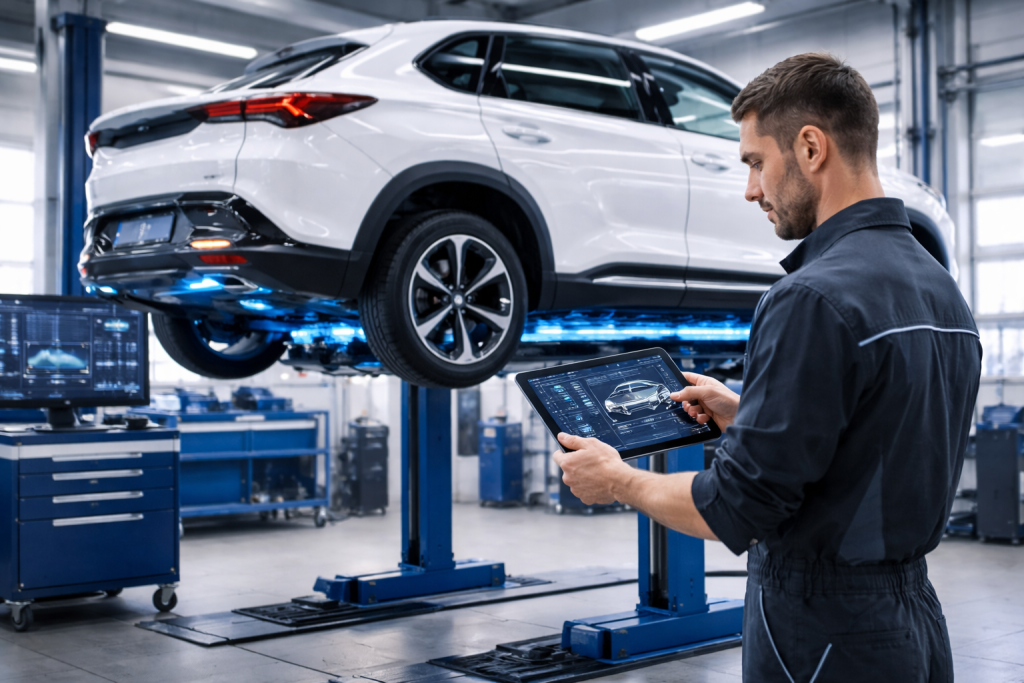 Technician using digital tablet for electric vehicle diagnostics in a modern auto repair shop 2026