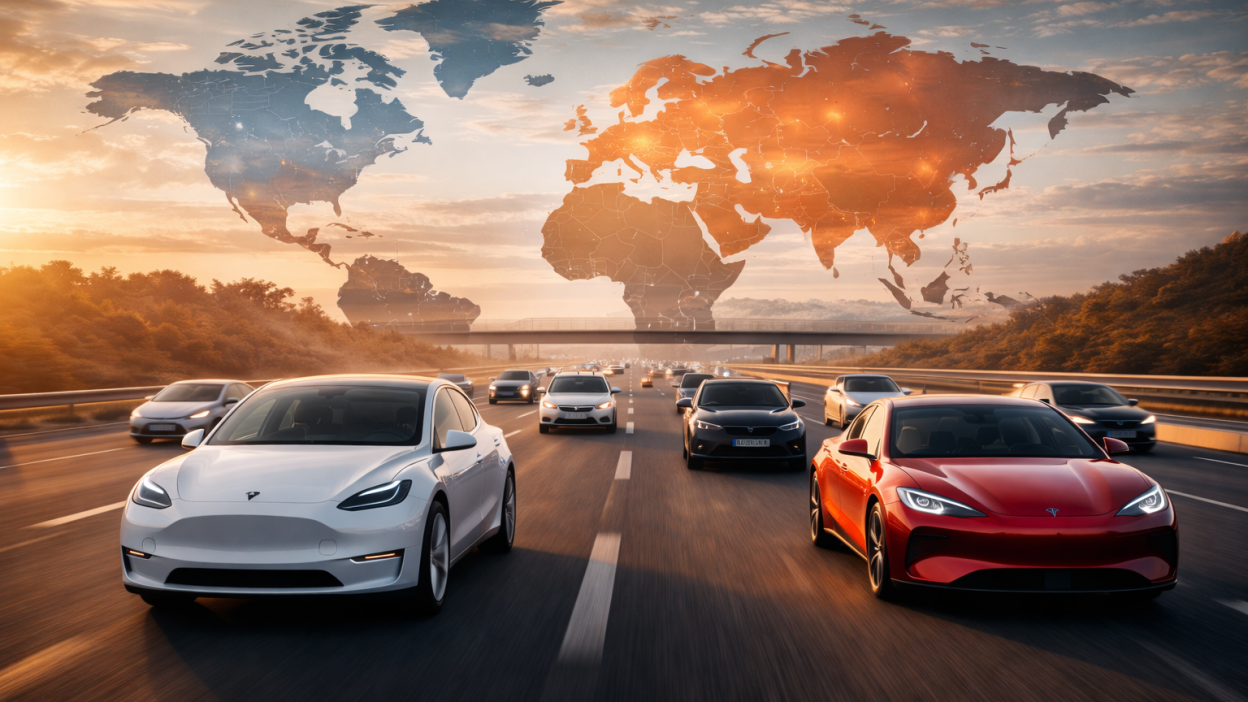 Global EV market 2026 growth chart with electric vehicles on roads worldwide