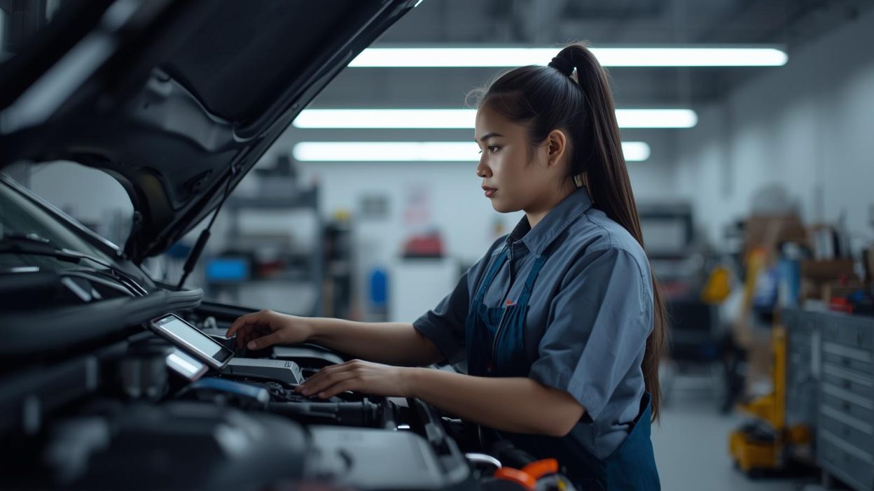 EV repair shop revenue — mechanic using digital diagnostic tool on an electric vehicle in a modern workshop
