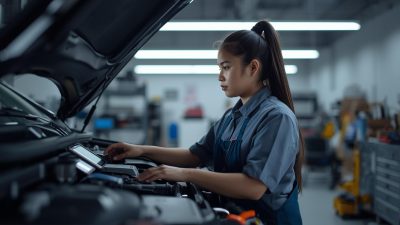 EV repair shop revenue — mechanic using digital diagnostic tool on an electric vehicle in a modern workshop