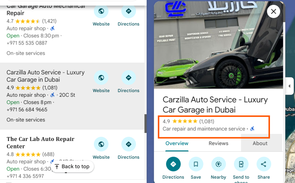 Google business profile of auto repair shop with high ratings and customer reviews