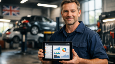 UK garage owner using digital garage management software on tablet in modern workshop 2026