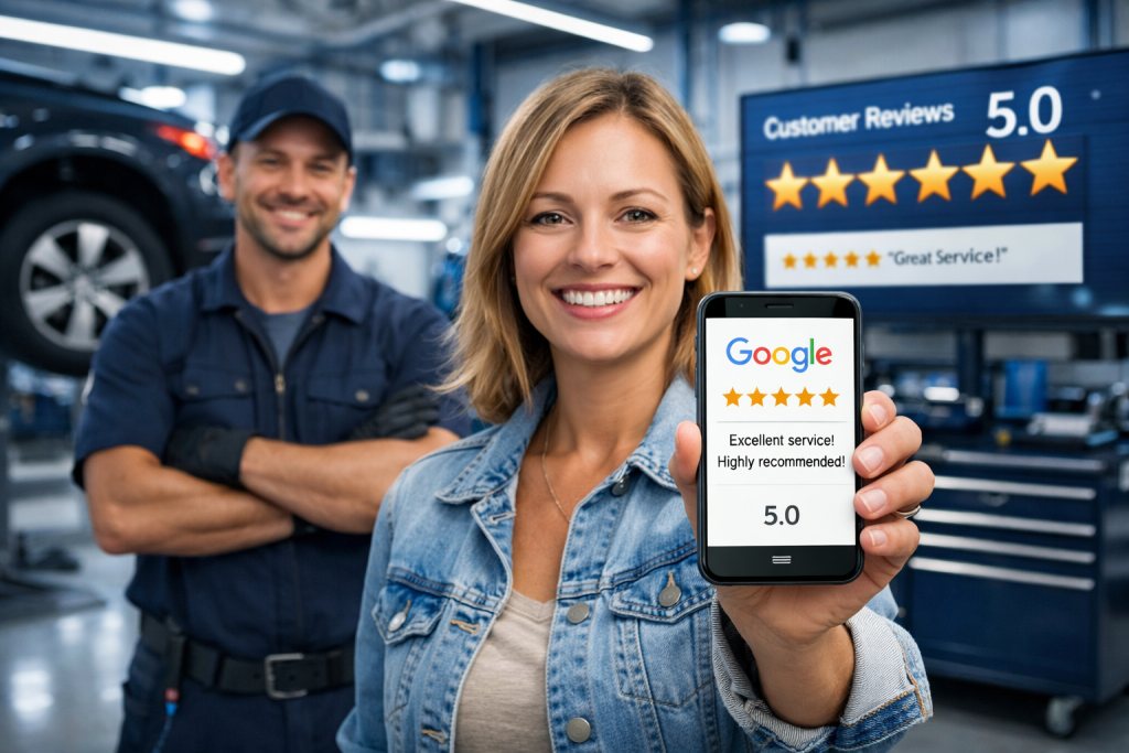 Customer leaving 5 star Google review for auto repair shop on smartphone