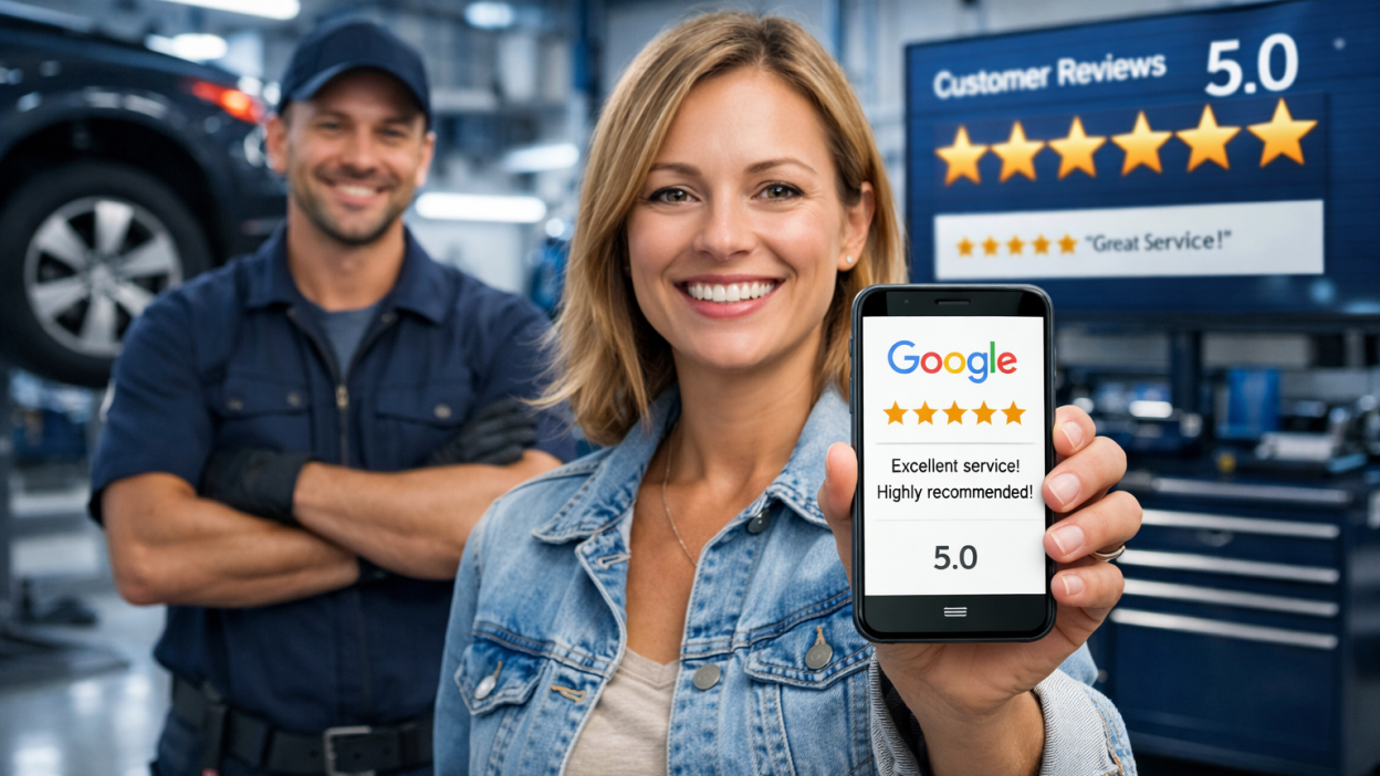 Customer leaving 5 star Google review for auto repair shop on smartphone