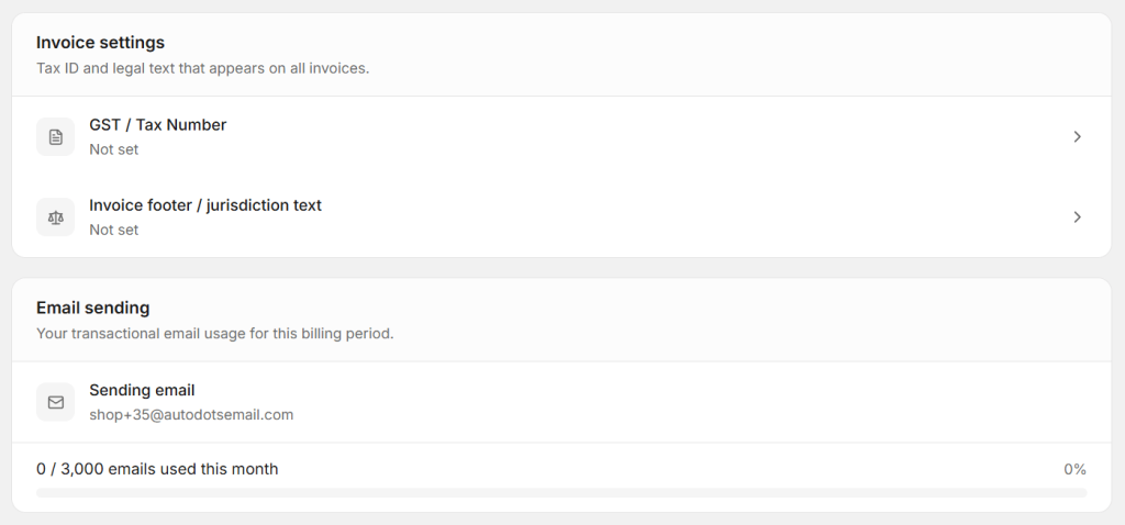Set invoice and emails settings at this part.