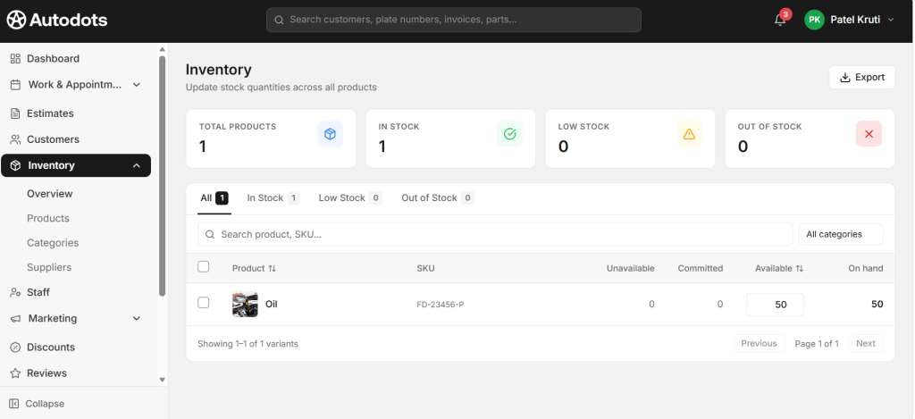 manage parts inventory overview with Autodots