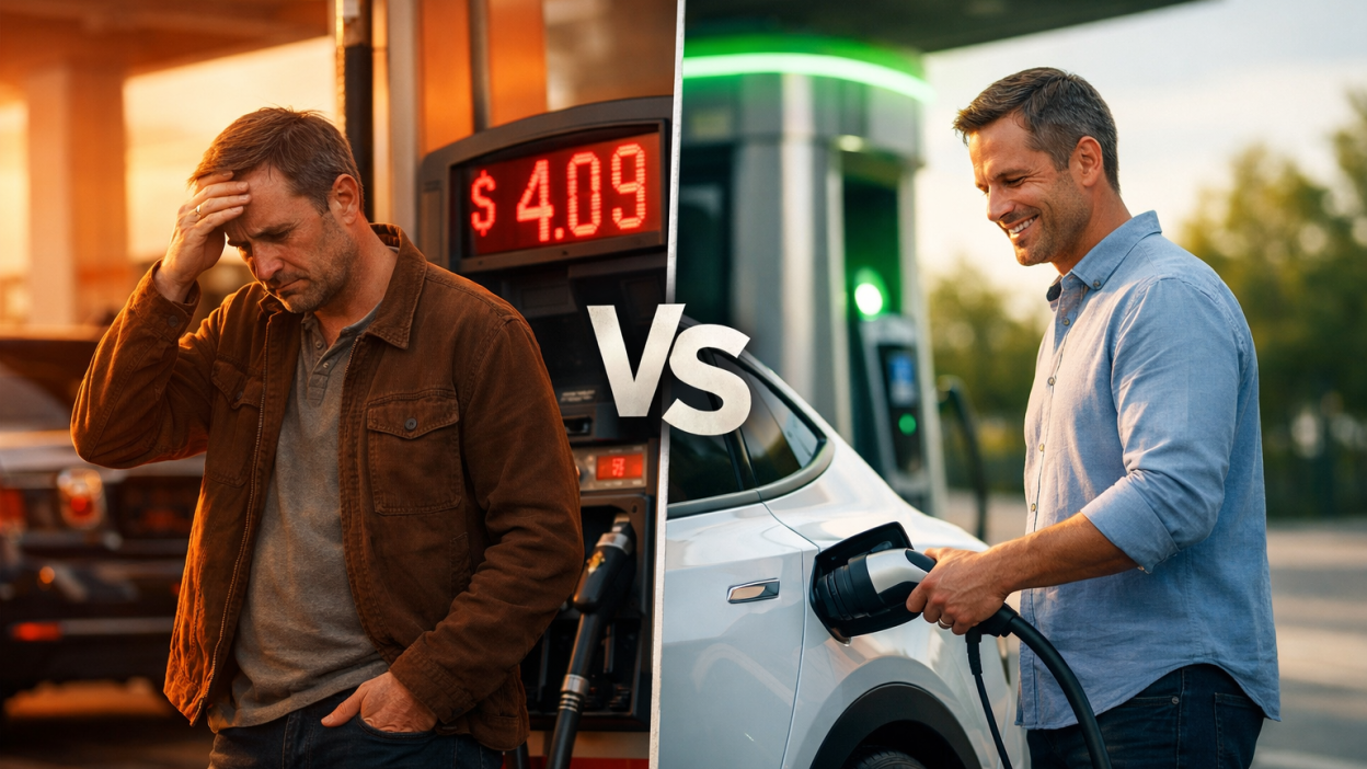 Petrol pump with high fuel prices versus electric vehicle charging station in 2026