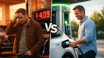 Petrol pump with high fuel prices versus electric vehicle charging station in 2026