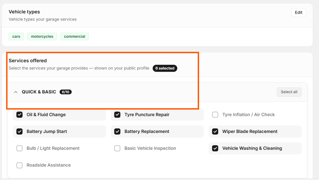 Here you can select serivces to saw customer 
