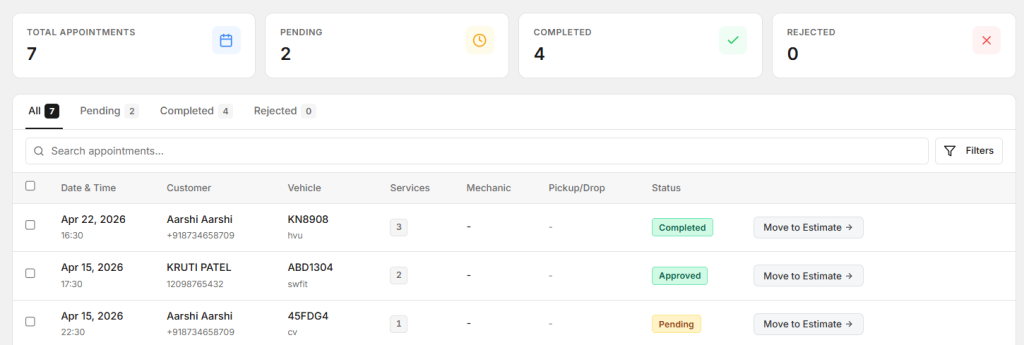 Here you manage and see all car serivces .