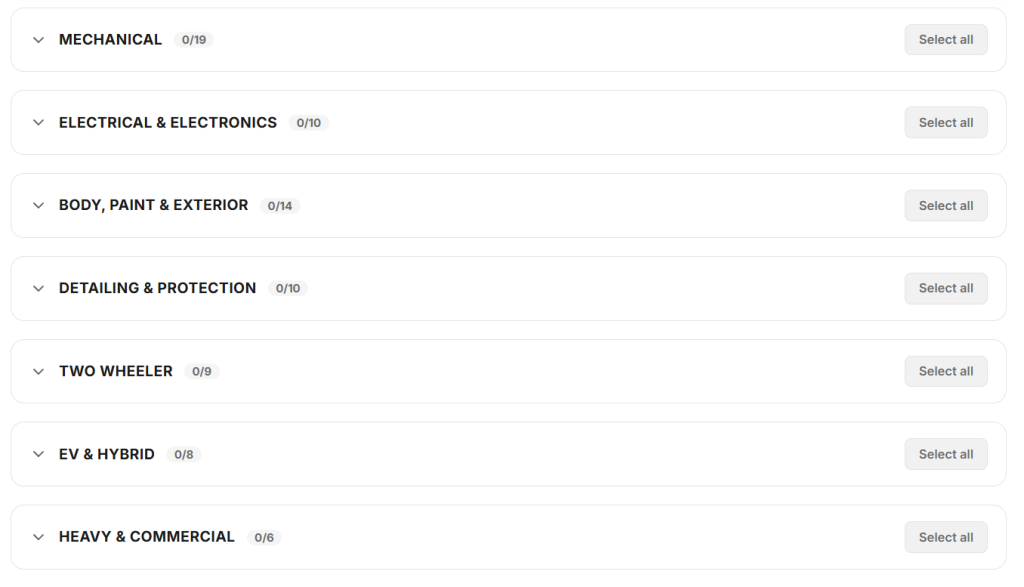 Many category Services available in autodots partner dashboard, add and manage services on Autodots