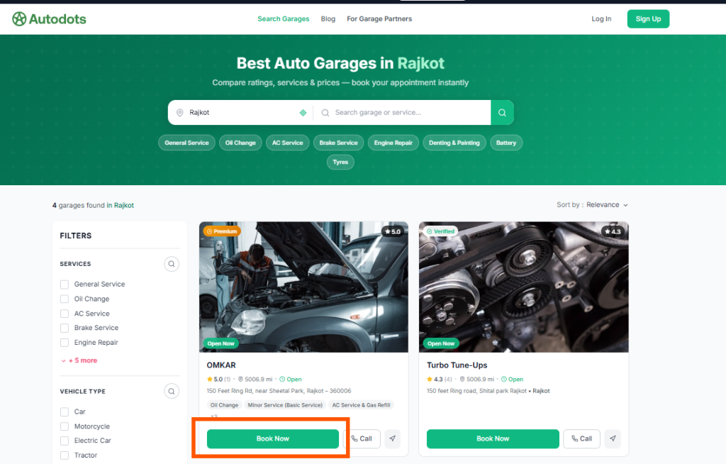 Select a Garage for book car services 