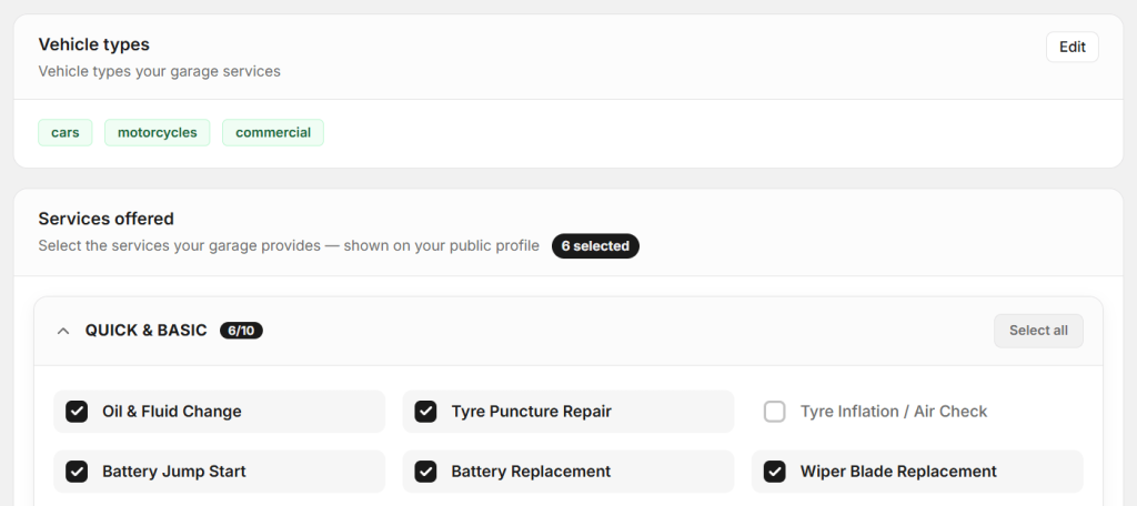 Here you can add vehicle type you provide services.